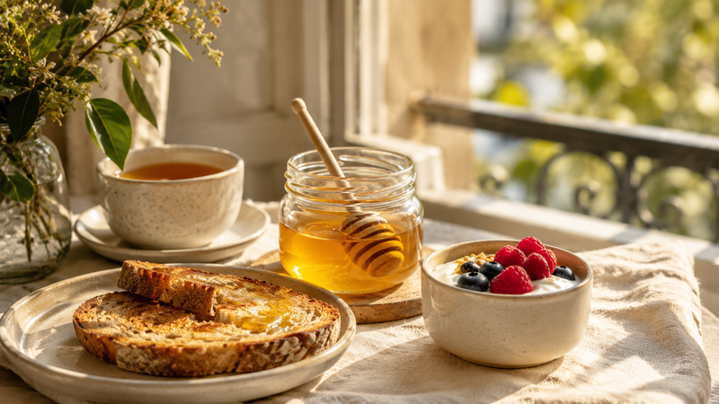 A golden jar of honey with a honey dipper, toast, yogurt with berries, and tea on a sunlit breakfast table