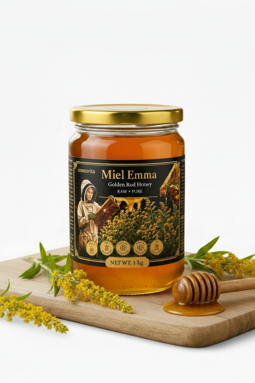 1 kg of Miel Emma Golden Rod Honey with a gold lid, styled on a wooden board with yellow flowers, a honey dipper, and a honeycomb-patterned accent against a clean white background.