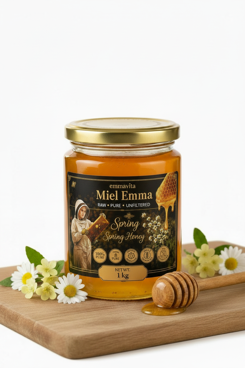 A 1 kg  jar honey  of emnavitia Miel Emma Spring Honey with a gold lid, styled on a wooden cutting board with small white flowers and a honey dipper.